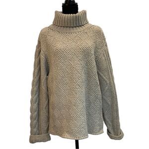 CLERK & teller womens cableknit beige tan brown turtleneck fisherman sweater L